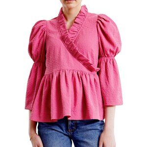 By TiMo Pink Bubble Wrap Blouse S Bell Sleeve Peplum NEW